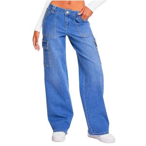 YMI High Rise Wide Leg Blue Denim Women's Cargo Jeans Skater Streetwear Size 0